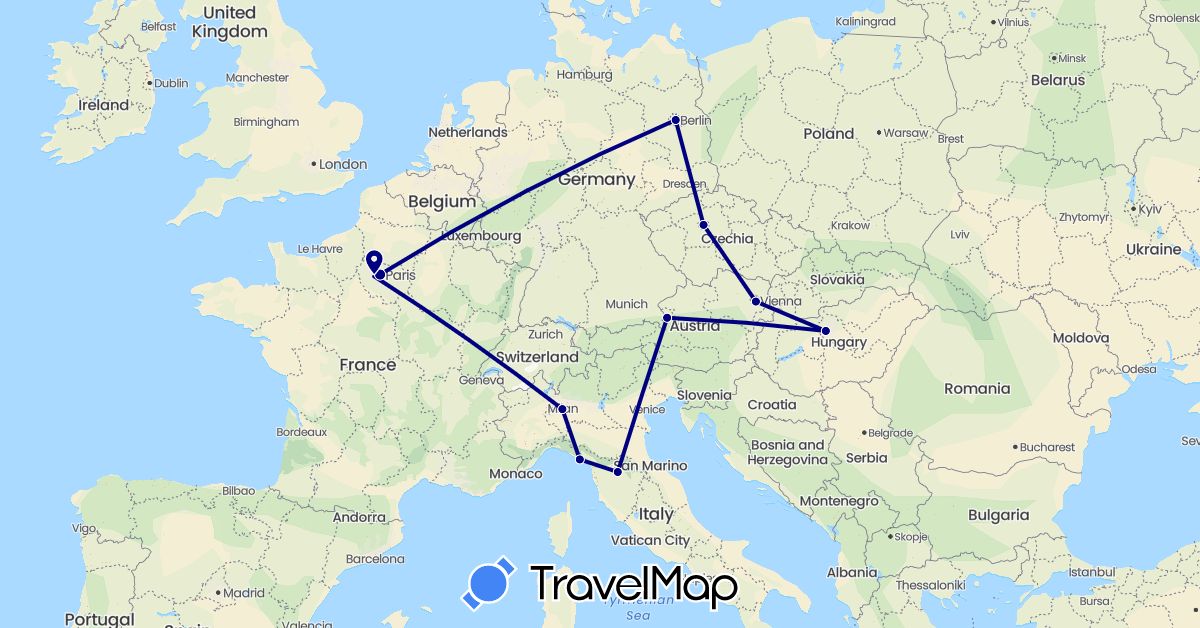 TravelMap itinerary: driving in Austria, Czech Republic, Germany, France, Hungary, Italy (Europe)